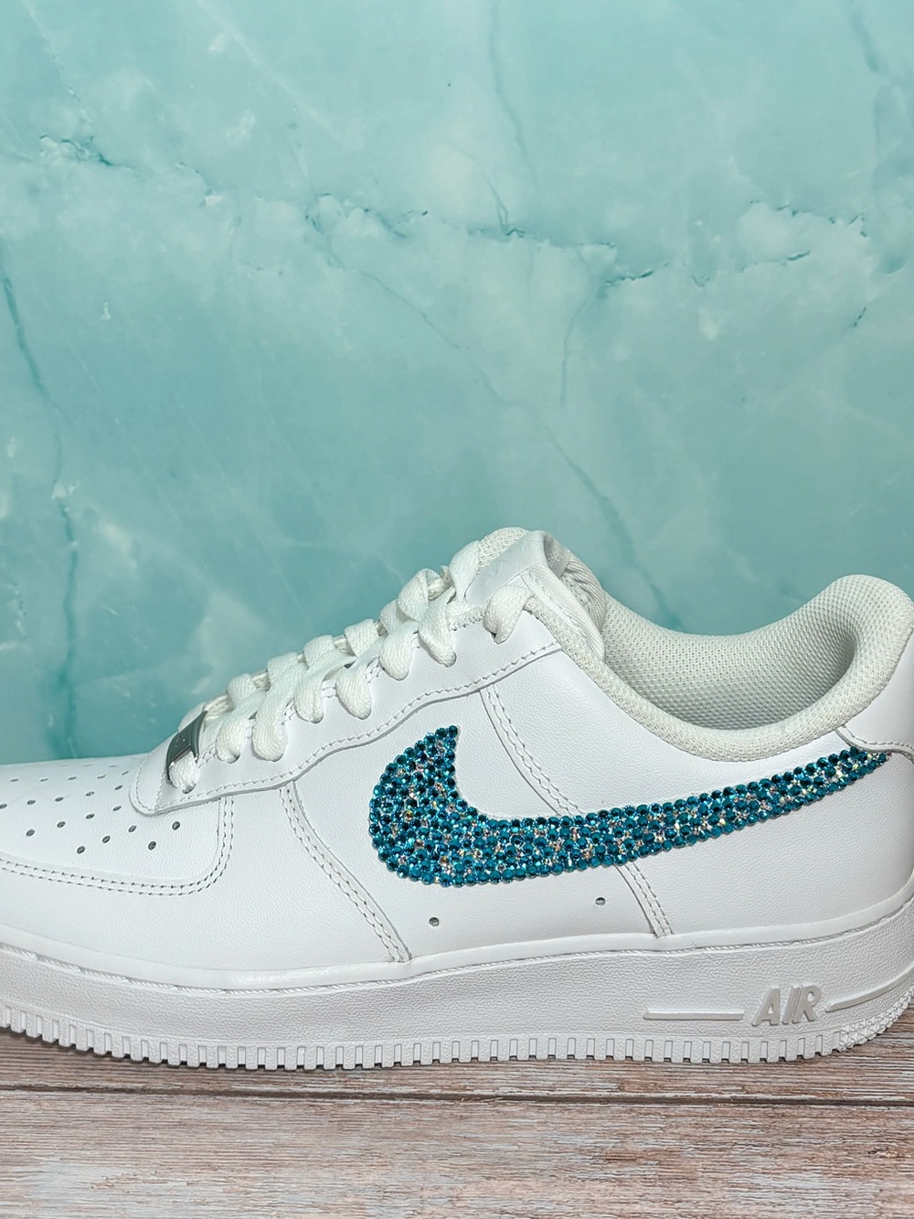 Nike Air Force 1 Custom Teal Rhinestone Sparkle Swoosh AF1 Shoes | Size 9 - Picture 2 of 9